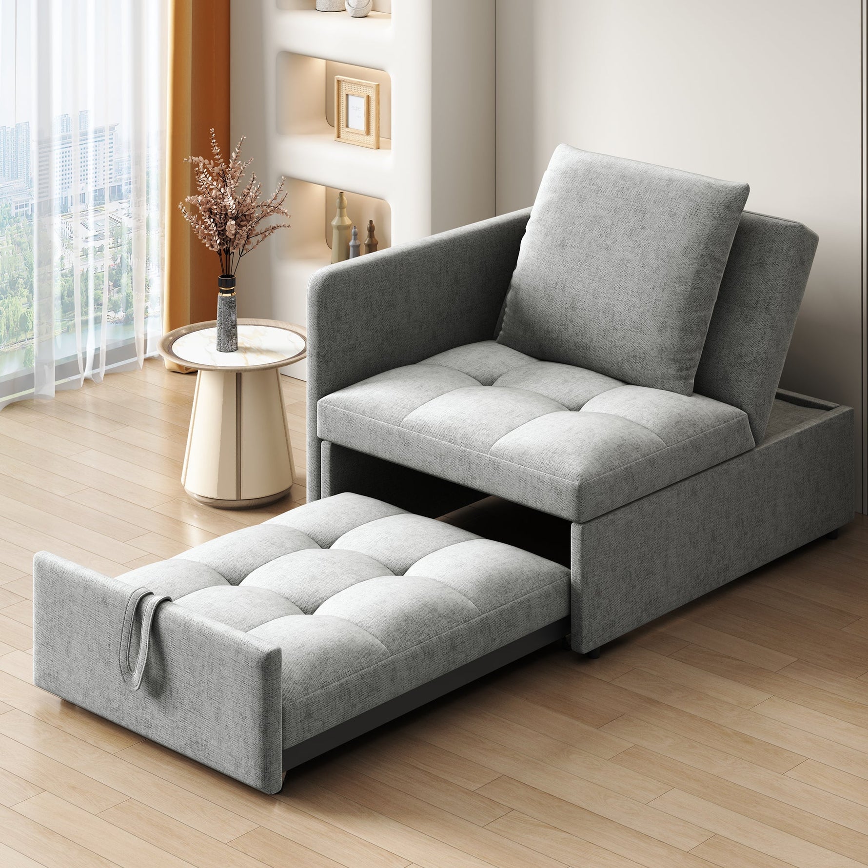 Upholstered Sofa Bed 3-in-1 Multifunctional Adjustable Backrest, Linen Fabric