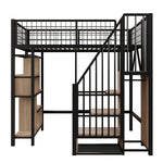 Loft Bed, 90 x 200 cm, Storage, Shelves & Stairs, Metal Black