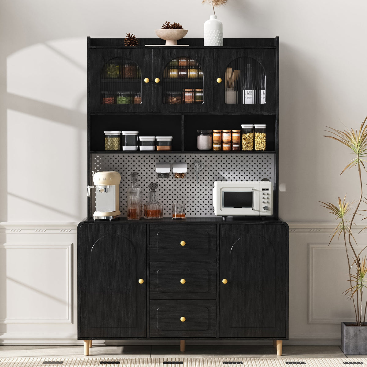 Tall Cabinet Sideboard with Pegboard Drawers Storage Solid Wood Legs Black