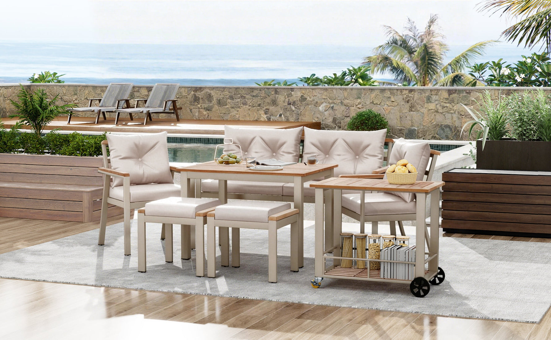 Garden Dining Table and Chair Set, 6-7 Seater with Armchairs and Removable Trolley, Acacia Wood