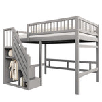 Solid Wood Bed 140x200 with Storage Stairs & Railing, Grey