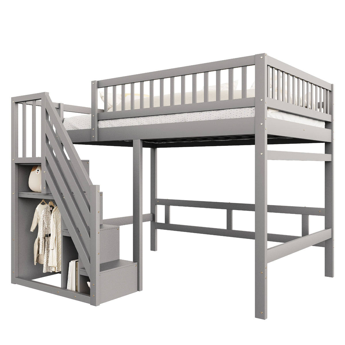 Solid Wood Bed 140x200 with Storage Stairs & Railing, Grey