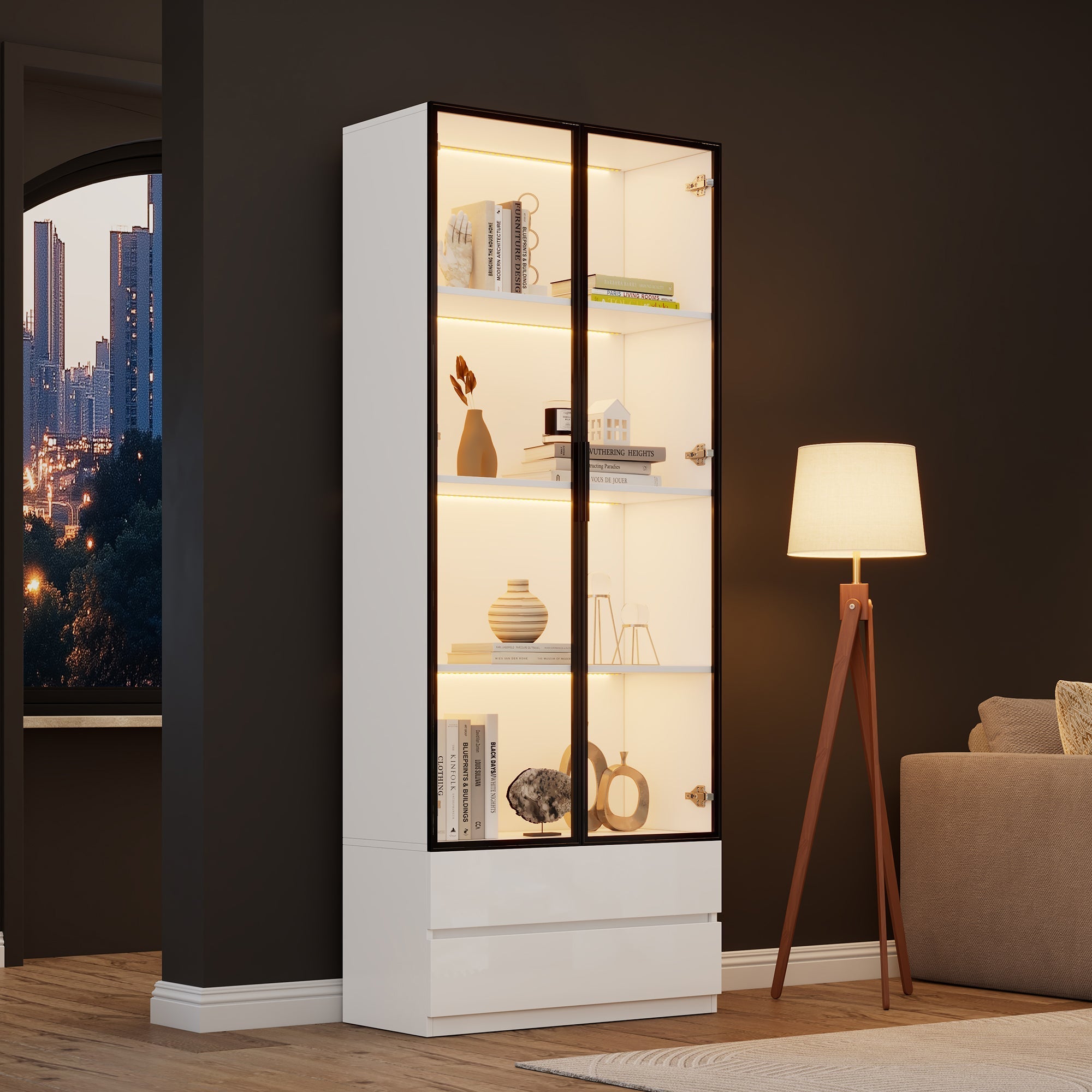 Display Cabinet 80x34x200cm Tall with LED Lights 2 Doors Aluminum Frame White