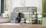 Loft Bed with Wardrobe, Shelves, Storage, Ladder, 90 x 200, Solid Wood, Grey