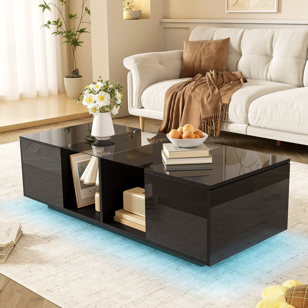 Modern Coffee Table with LED Lighting, High-Gloss, Black