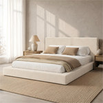 Upholstered Double Bed 160x200cm with Slatted Base, Beige Chenille