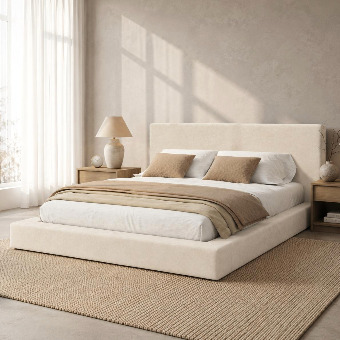 Upholstered Double Bed 180x200cm, Hydraulic Storage, Beige Chenille