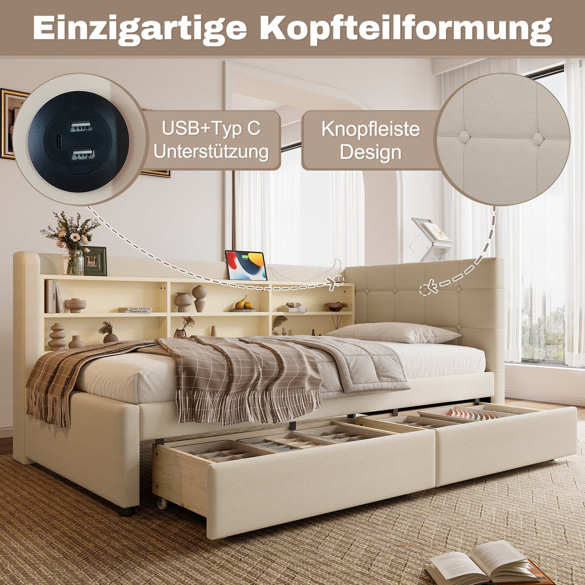 Daybed Sofa Bed 90x200cm 2 Drawers USB-Type C Storage - Linen Beige