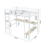 Loft Bed 140x200cm Frame with Desk & Shelves, White Metal