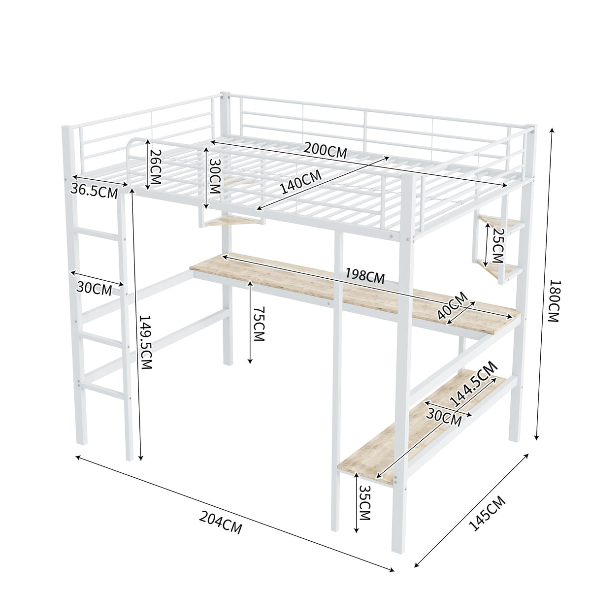 Loft Bed 140x200cm Frame with Desk & Shelves, White Metal