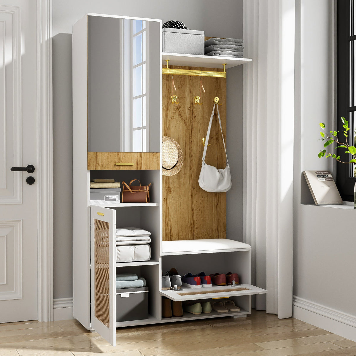 Wardrobe Set | 6-Hook Mirror Shoe Cabinet Bench | 16-Color LED Lighting
