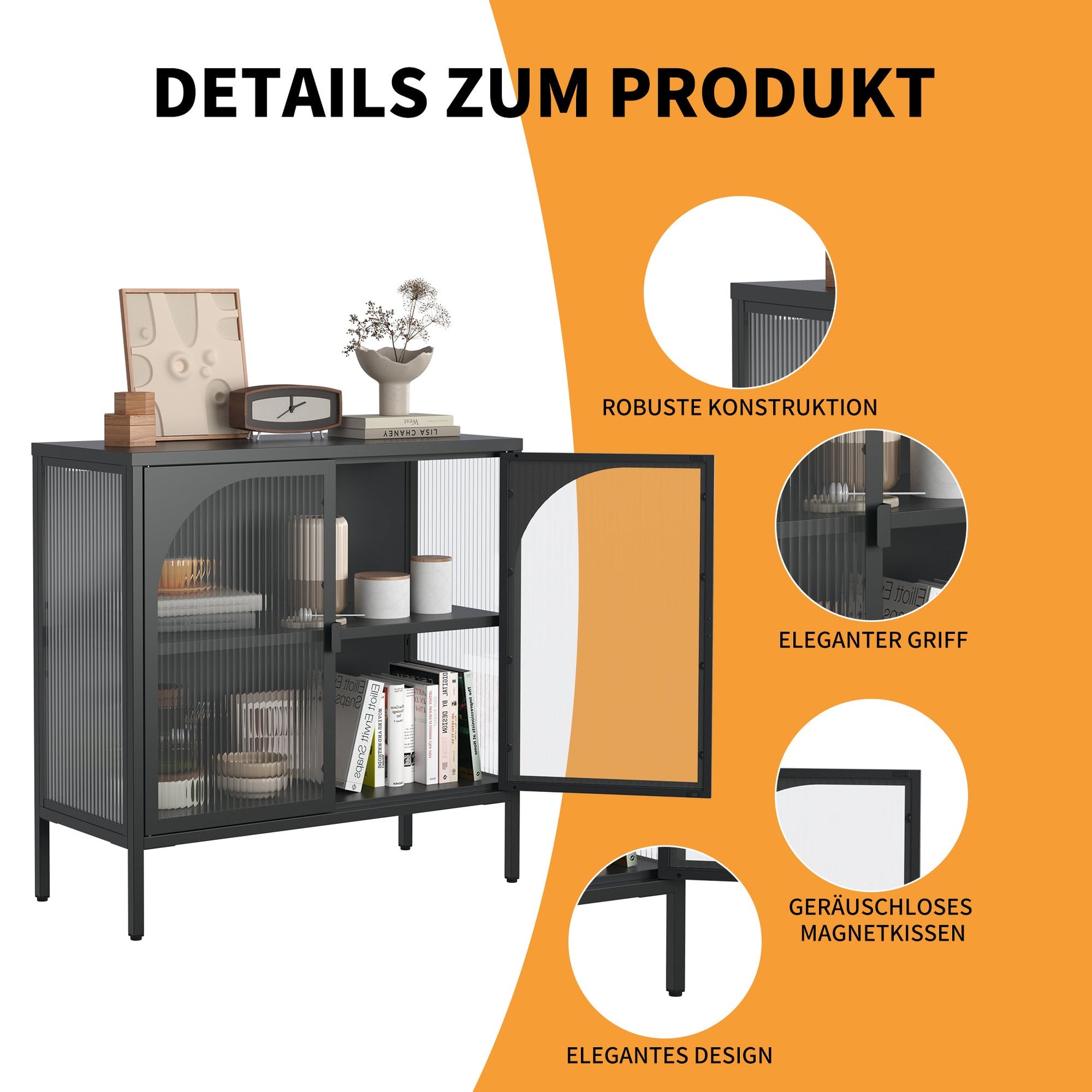 Metal Sideboard Cabinet, 2 Glass Doors Adjustable Shelves H80xW80xD35cm, Iron-Containing