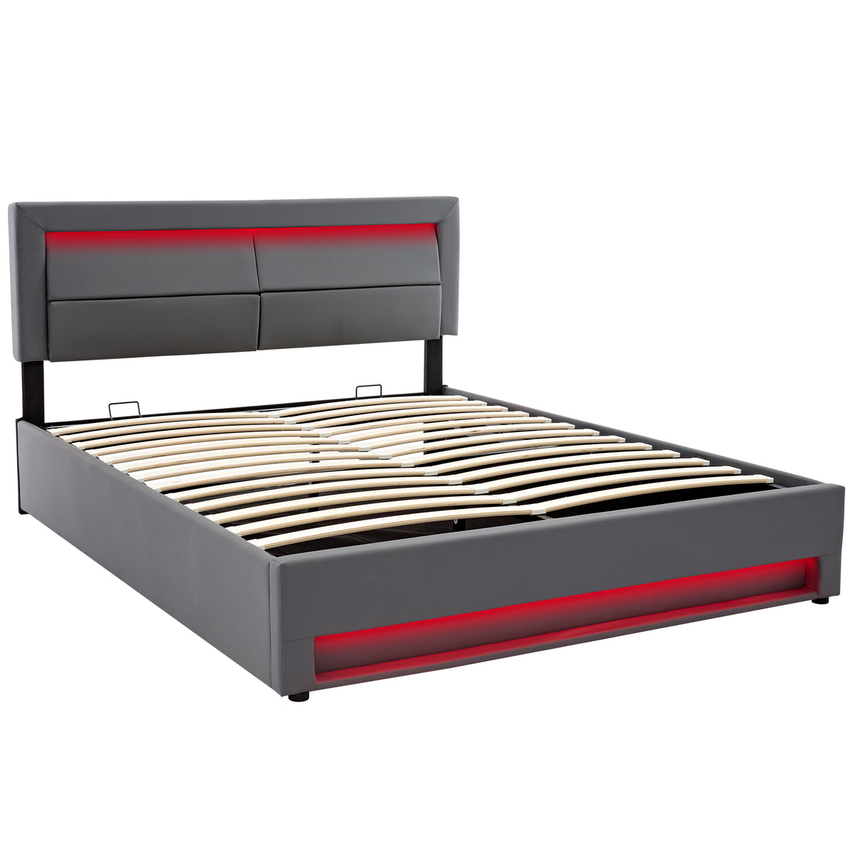 Upholstered Bed 160x200cm with LED & Storage, Grey PU
