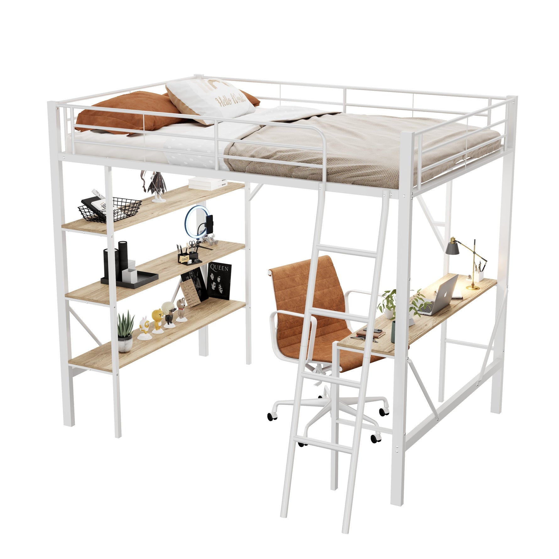 Loft Bed 90x200cm with Desk 3 Shelves - White Metal
