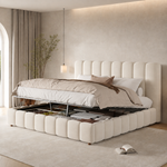 Upholstered Double Bed 160x200cm with Storage, Beige Velvet