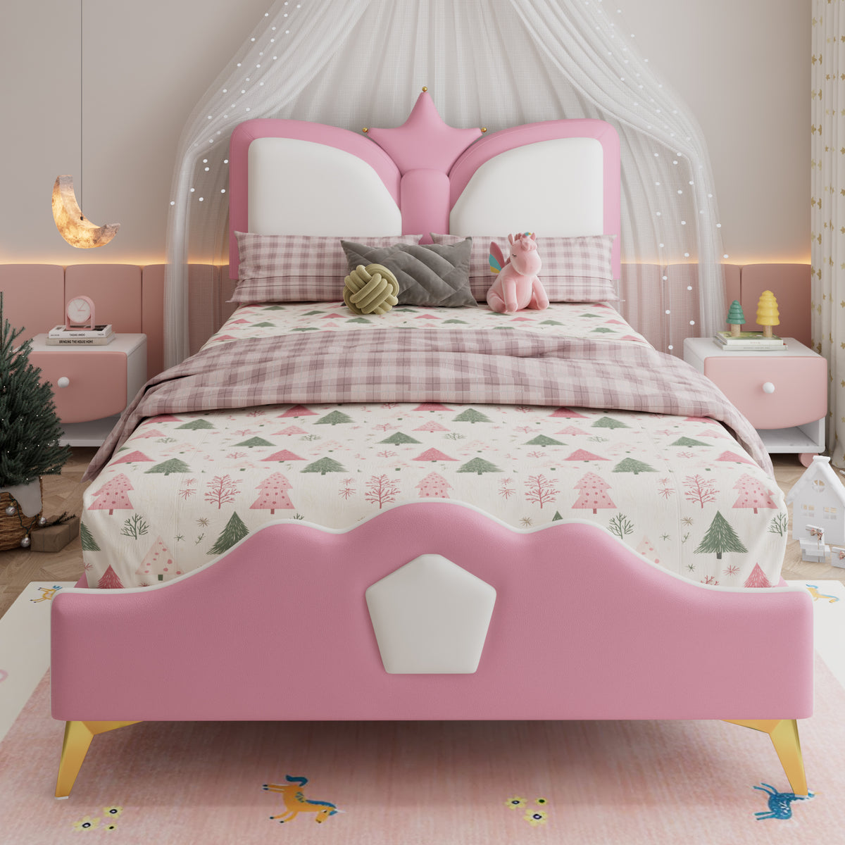 Kids Upholstered Bed 90x200cm Crown Headboard, Pink & White