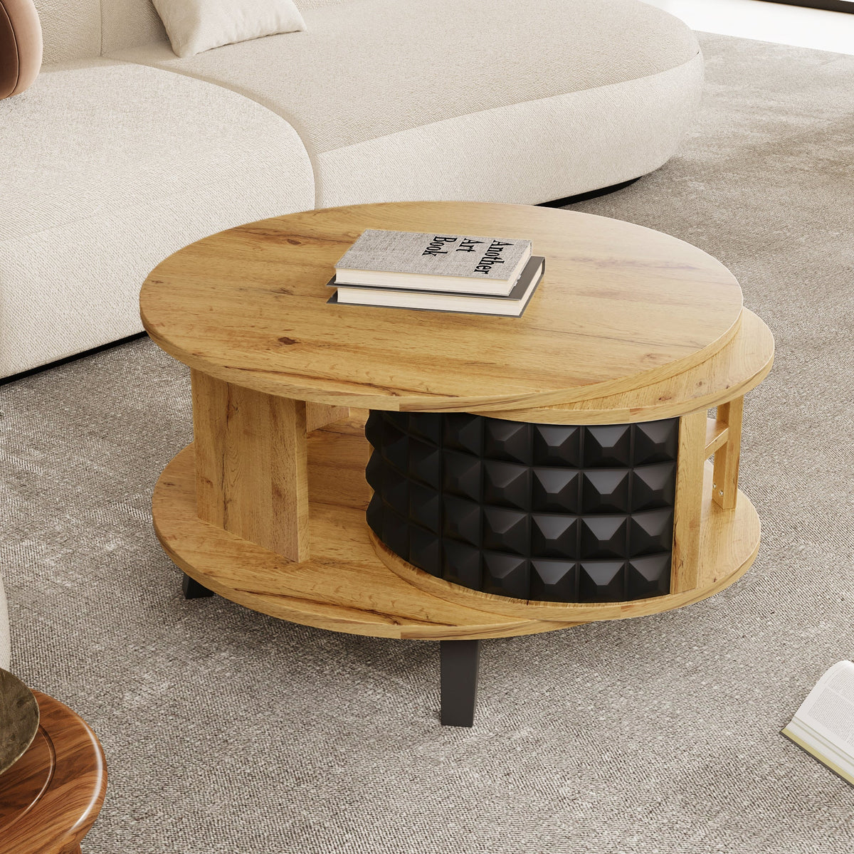 Coffee Table Rotating Side Table with Hidden Storage