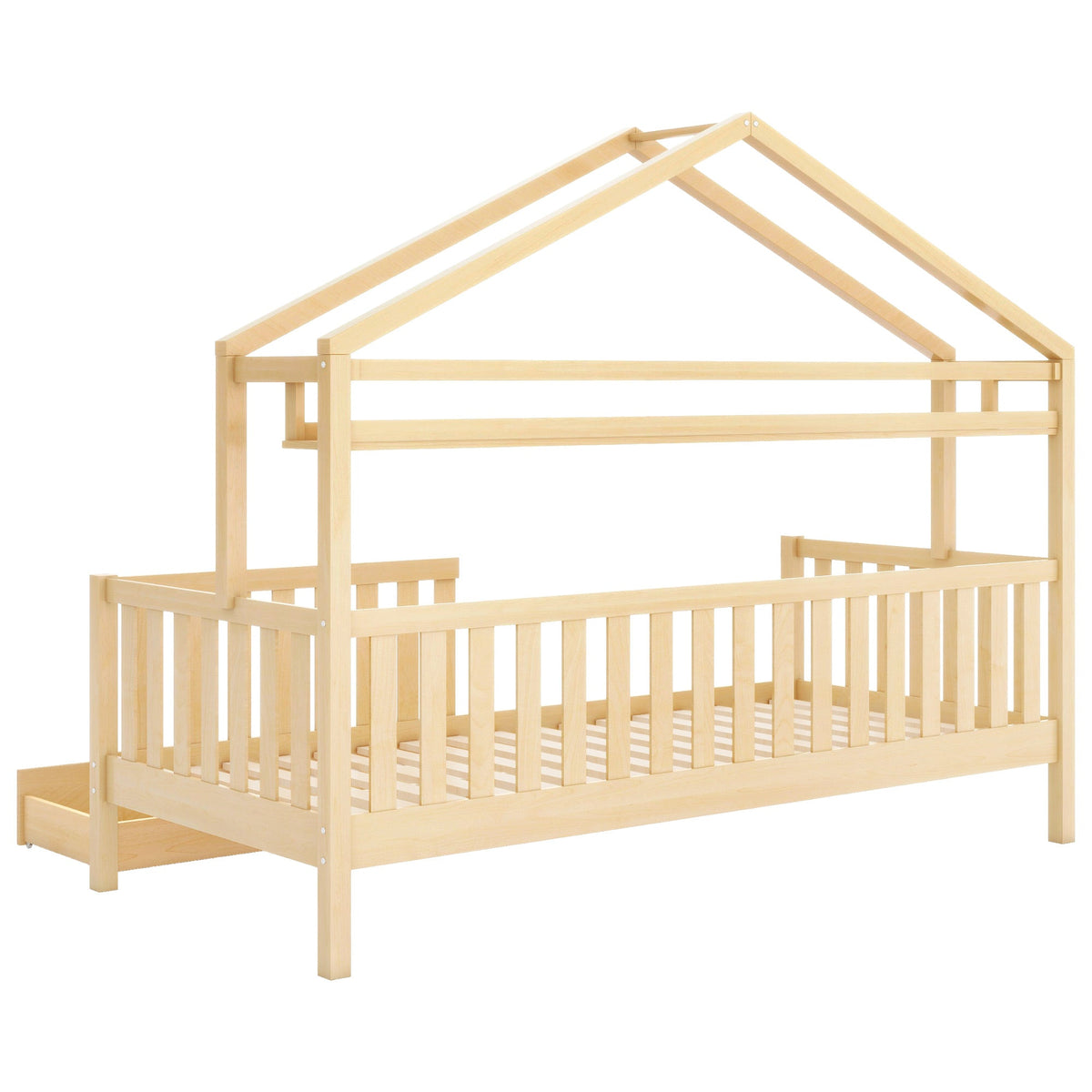 Children's House Bed 90x200cm with Drawers Slatted Base Pine Wood Natural