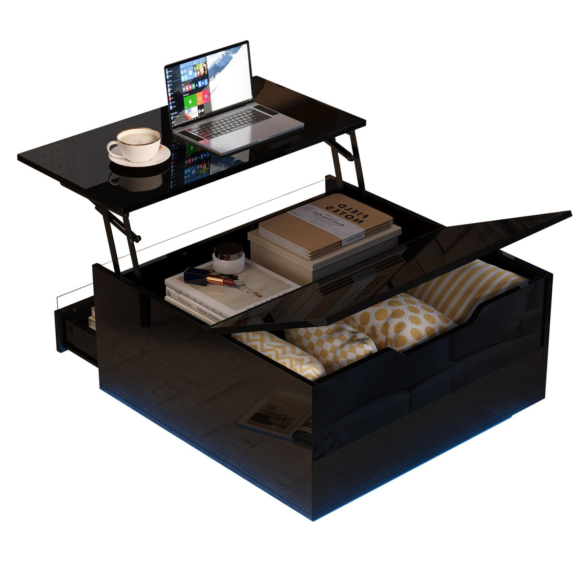 Living Room Coffee Table, Liftable with LED Light Strip, 1 Drawer, Hidden Storage & Flip-Up Doors, High-Gloss Black