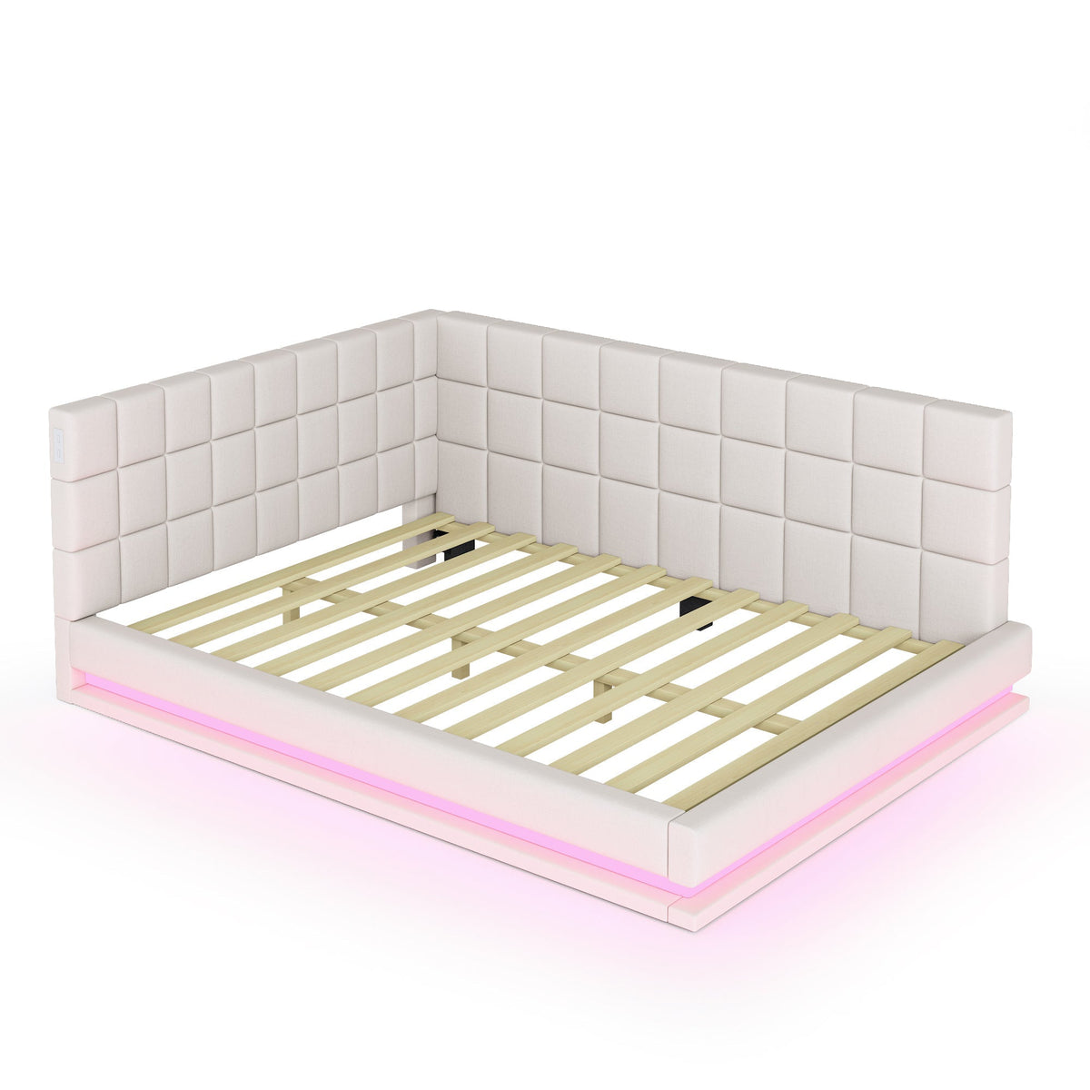 Upholstered Bed Sofa, 140x200 Multifunctional with LED & USB, Velvet Beige