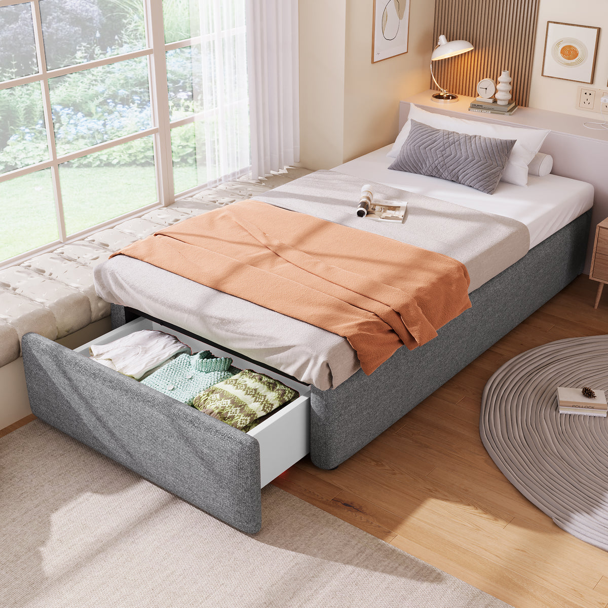 Upholstered Platform Bed 90x200cm Hydraulic Storage & Drawer, Grey