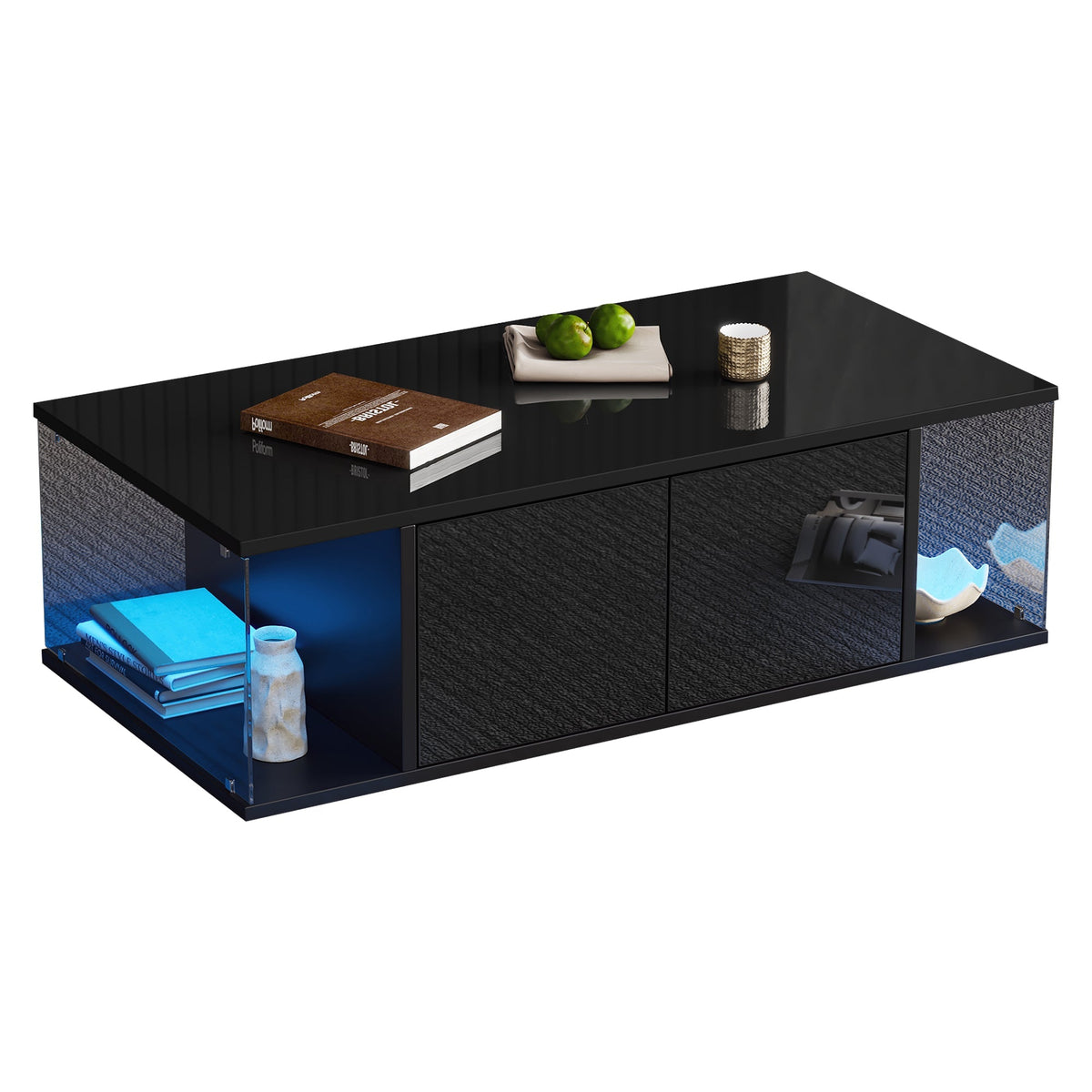 Coffee Table, Living Room Sofa Table with LED, High-Gloss, Tempered Glass, 2 Cabinets, Black Chipboard