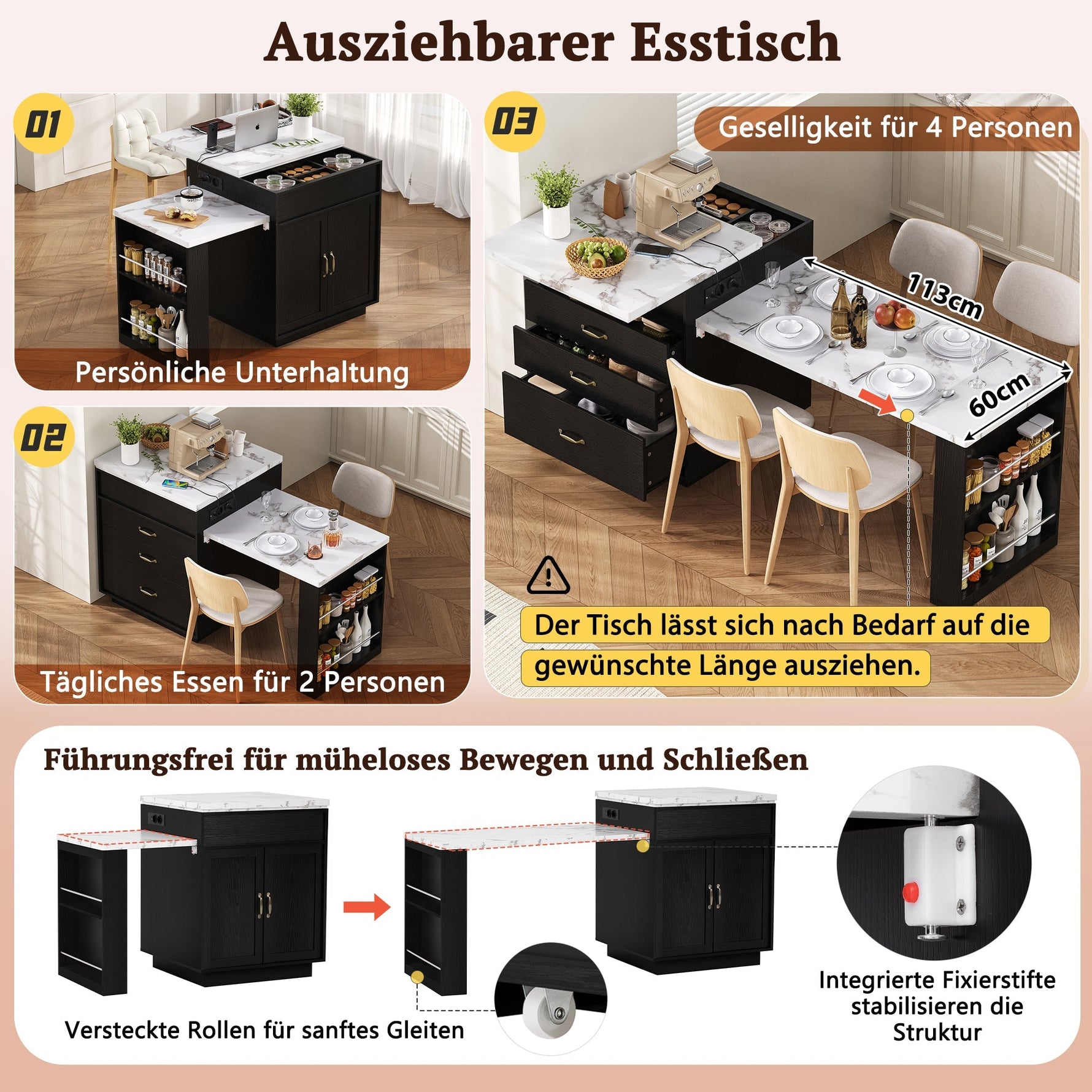 Kitchen Island on Wheels Extendable Table with LED & Power Strips Black