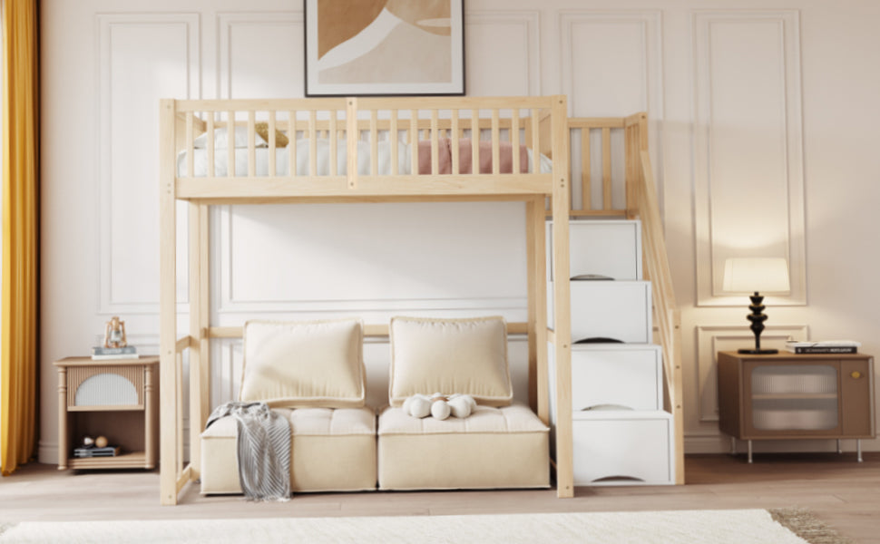 Loft Bed 140x200cm with Safety Ladder Railing & Storage Solid Pine Wood Color