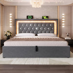 Upholstered Bed 160x200 cm with LED, USB Charging and Hydraulic Storage (with Mattress), Grey Velvet