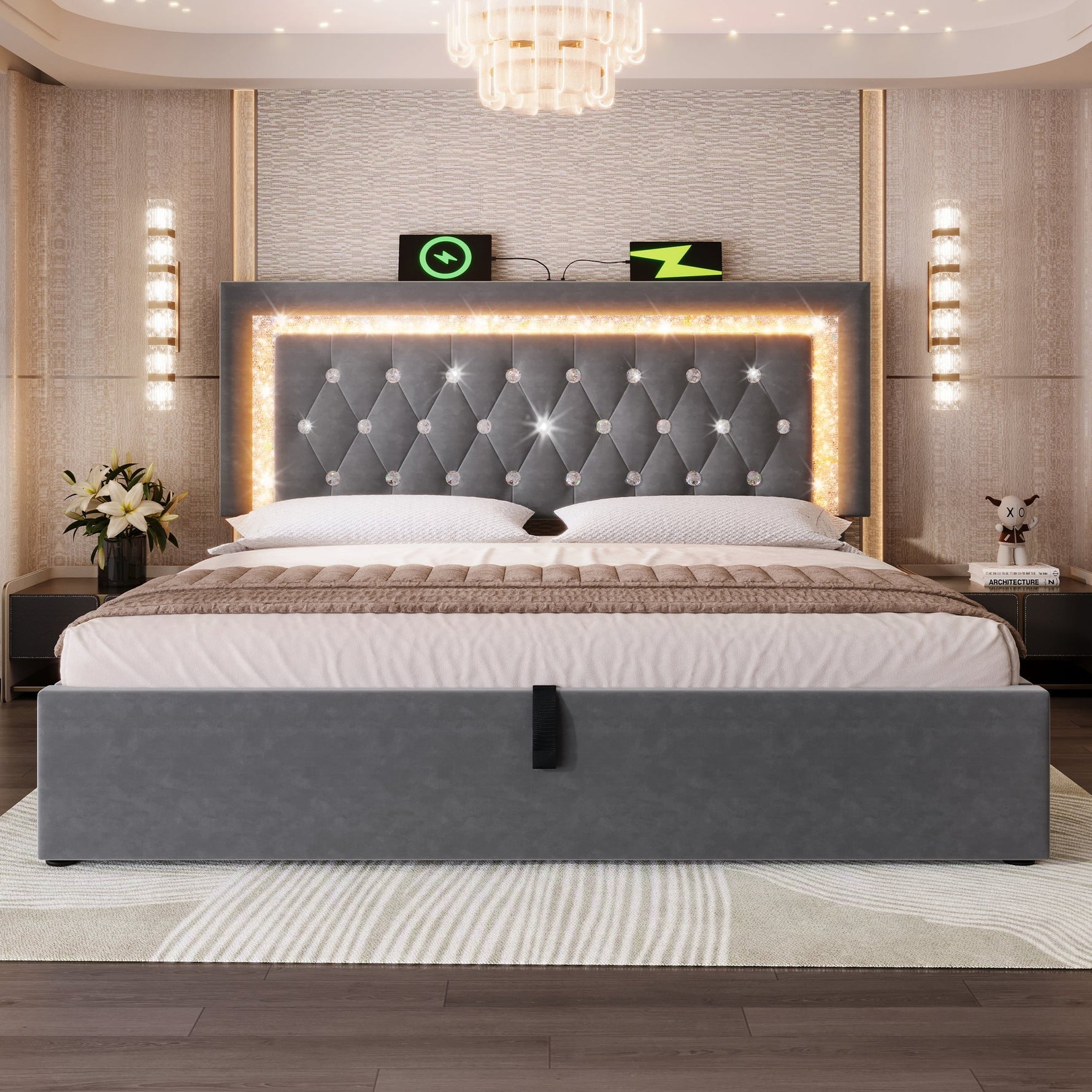 Upholstered Bed 160x200 cm with LED, USB Charging and Hydraulic Storage (with Mattress), Grey Velvet