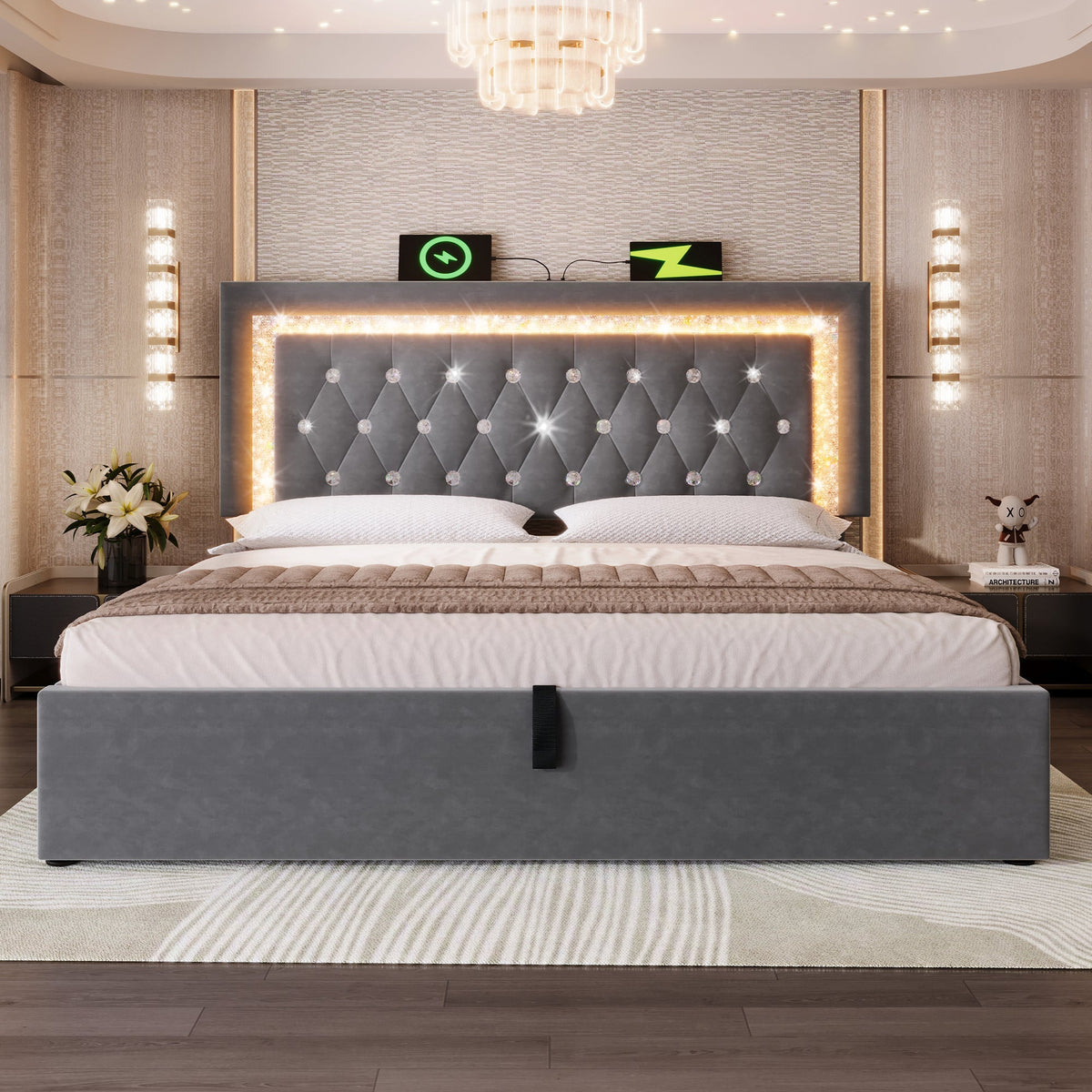 Upholstered Double Bed 140x200cm Hydraulic Storage LED Headboard USB/Type-C Velvet Grey