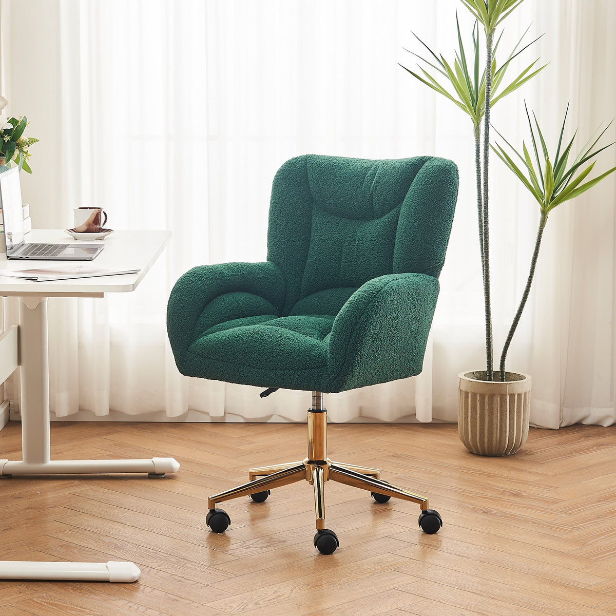 Swivel Chair Adjustable Height Gold Legs Teddy Fabric - Green