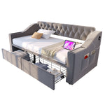 Upholstered Sofa Bed 90x190cm USB Charging Armrest Storage Drawer Light Grey Velvet