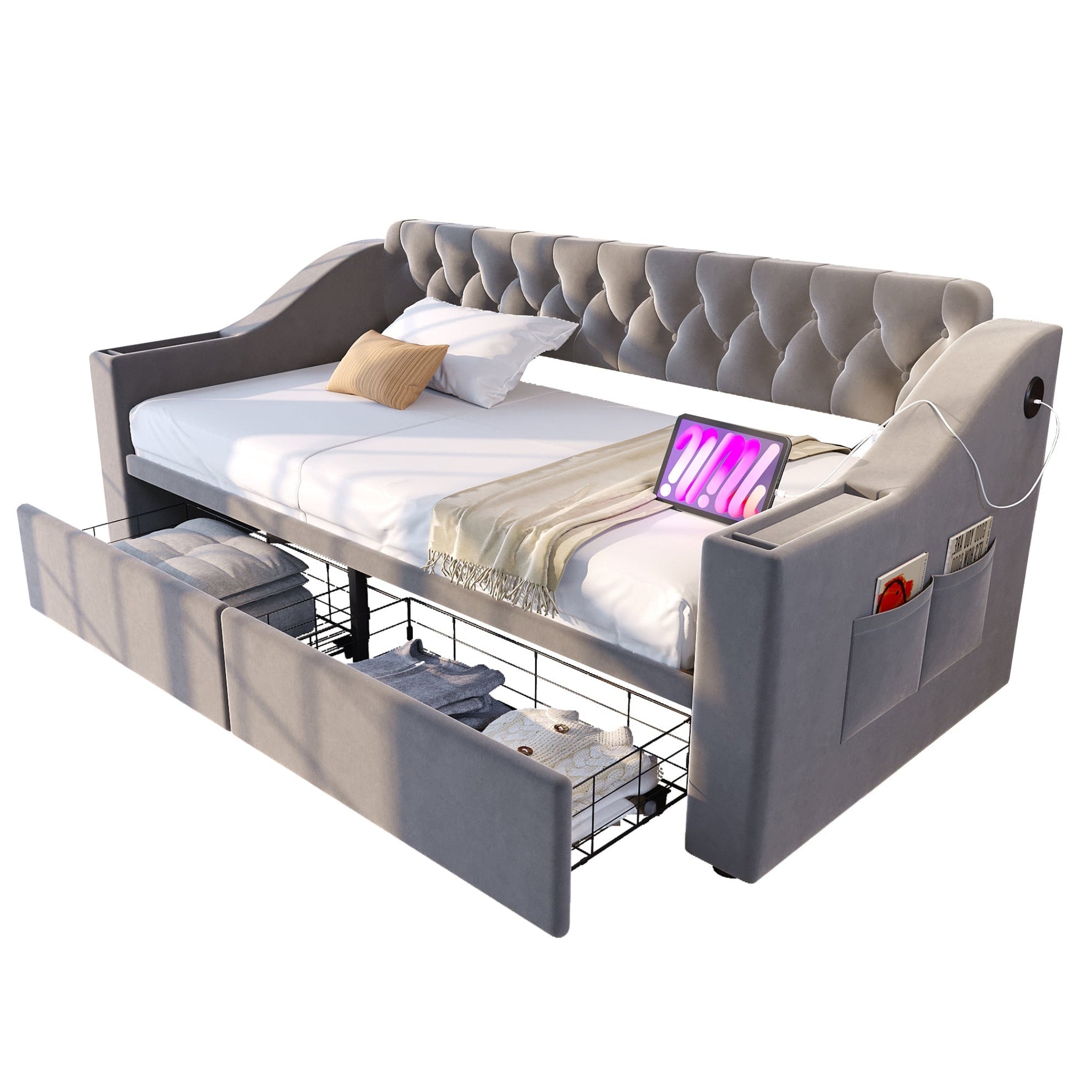 Upholstered Sofa Bed 90x190cm USB Charging Armrest Storage Drawer Light Grey Velvet