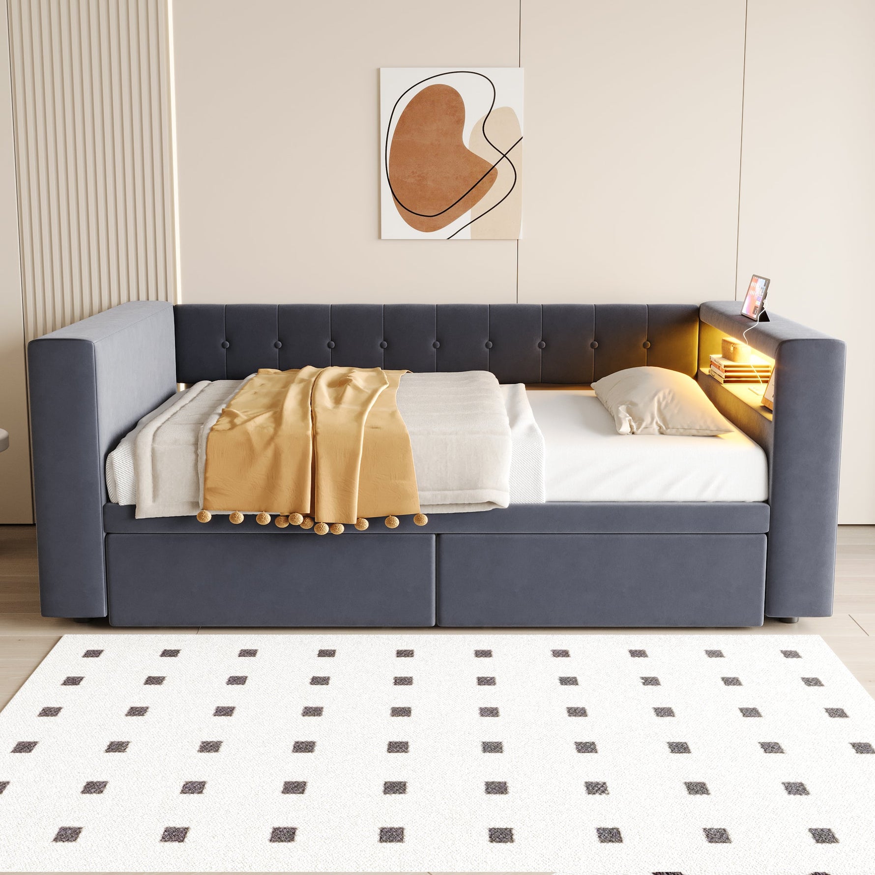 Upholstered Bed 90×190 cm LED Power Outlet Storage Drawers, Dark Grey