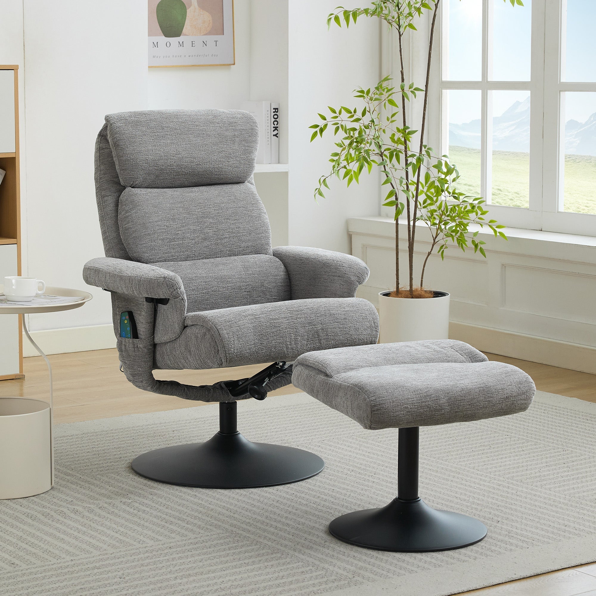 023 Recliner Chair, 5-Point Massage, Heated, 360° Swivel, Chenille Fabric Grey