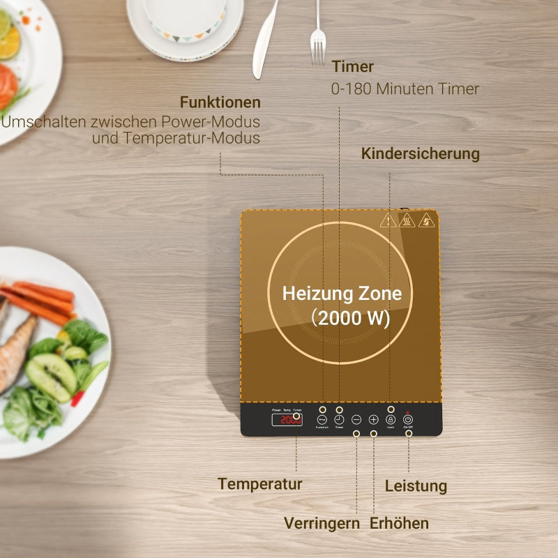 Induction Hob, Portable 1 Plate 2000W with Timer, Black