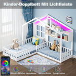 Children's Bed with Window, Shelves and LED Light Strip, 90x200cm, White Solid Wood