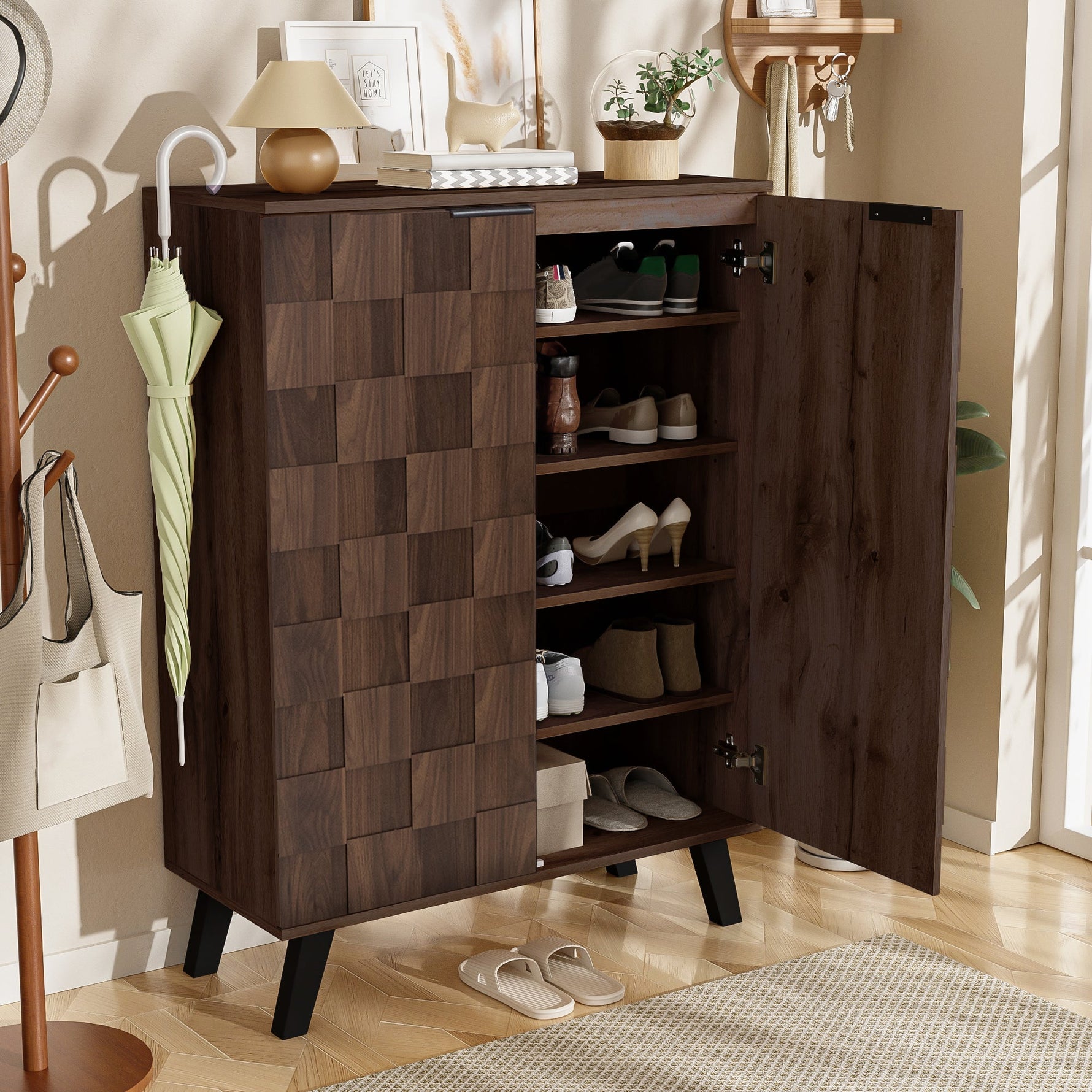 Shoe Cabinet 80x35.5x110cm 5 Compartments Adjustable Shelves - Dark Wood Grain