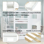 Bunk Bed with Stair Wardrobe, Storage, Window/Roof, 90x200cm, Pine/MDF/Plywood White