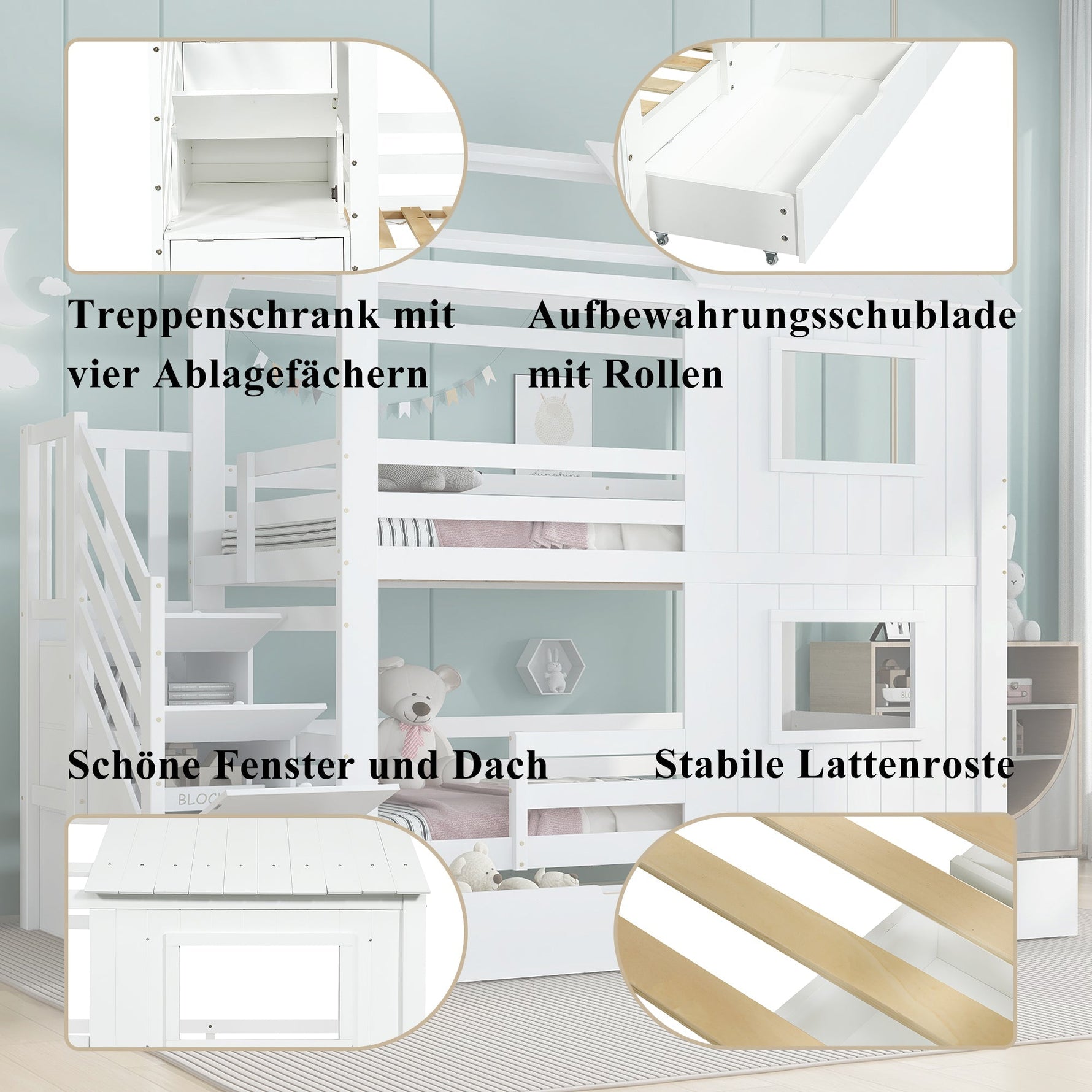 Bunk Bed with Stair Wardrobe, Storage, Window/Roof, 90x200cm, Pine/MDF/Plywood White