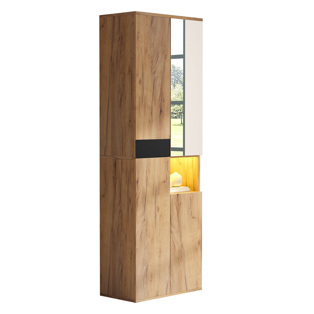 Tall Wardrobe Mirror Four Doors Open Storage Black/Natural Wood Finish