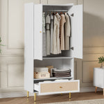 Wardrobe with 2 Doors, Rattan Drawer and Clothes Rail, White