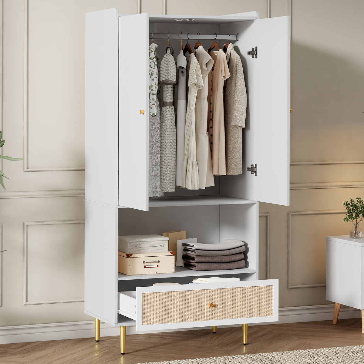Wardrobe with 2 Doors, Rattan Drawer and Clothes Rail, White