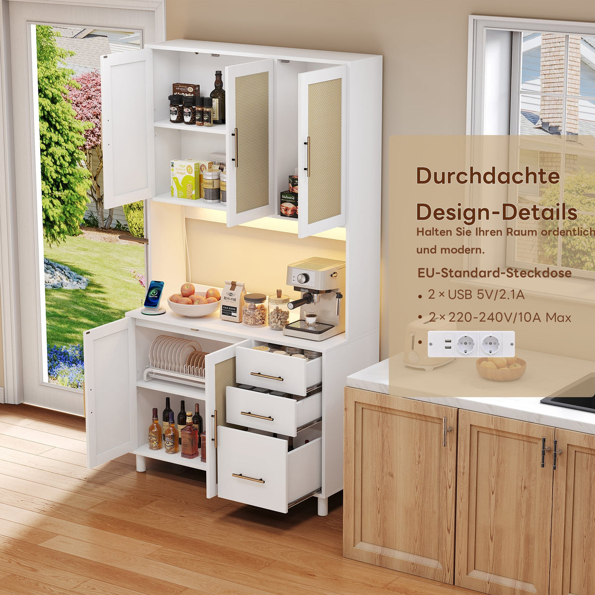 Kitchen Sideboard Buffet 183cm Tall LED USB Sockets 3 Drawers Gold Handles