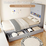 Multifunctional Wooden Bed 90x200cm, LED Storage Headboard, Grey