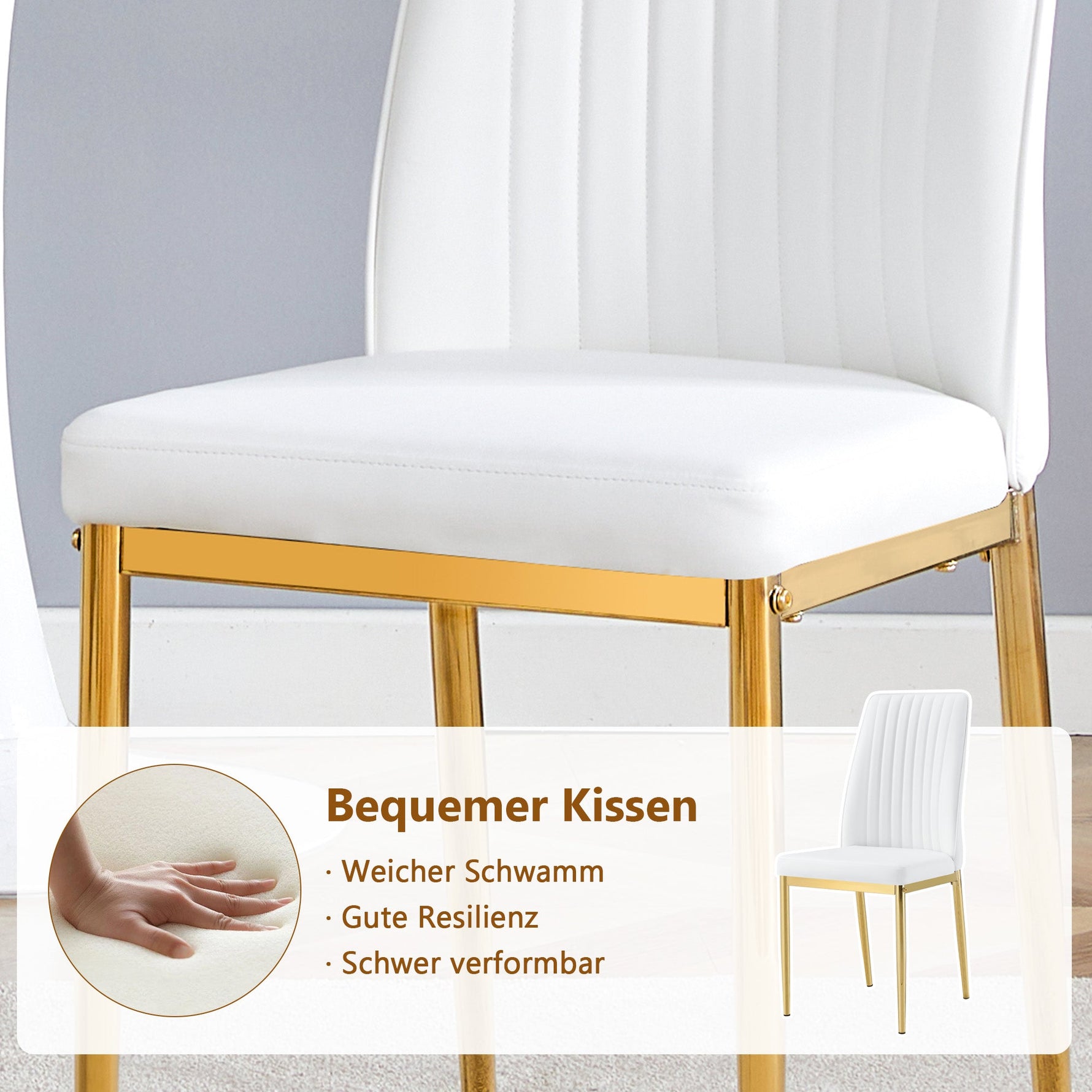 Dining Table Set, Minimalist 85cm Glass Table & 4 Chairs, White Faux Leather