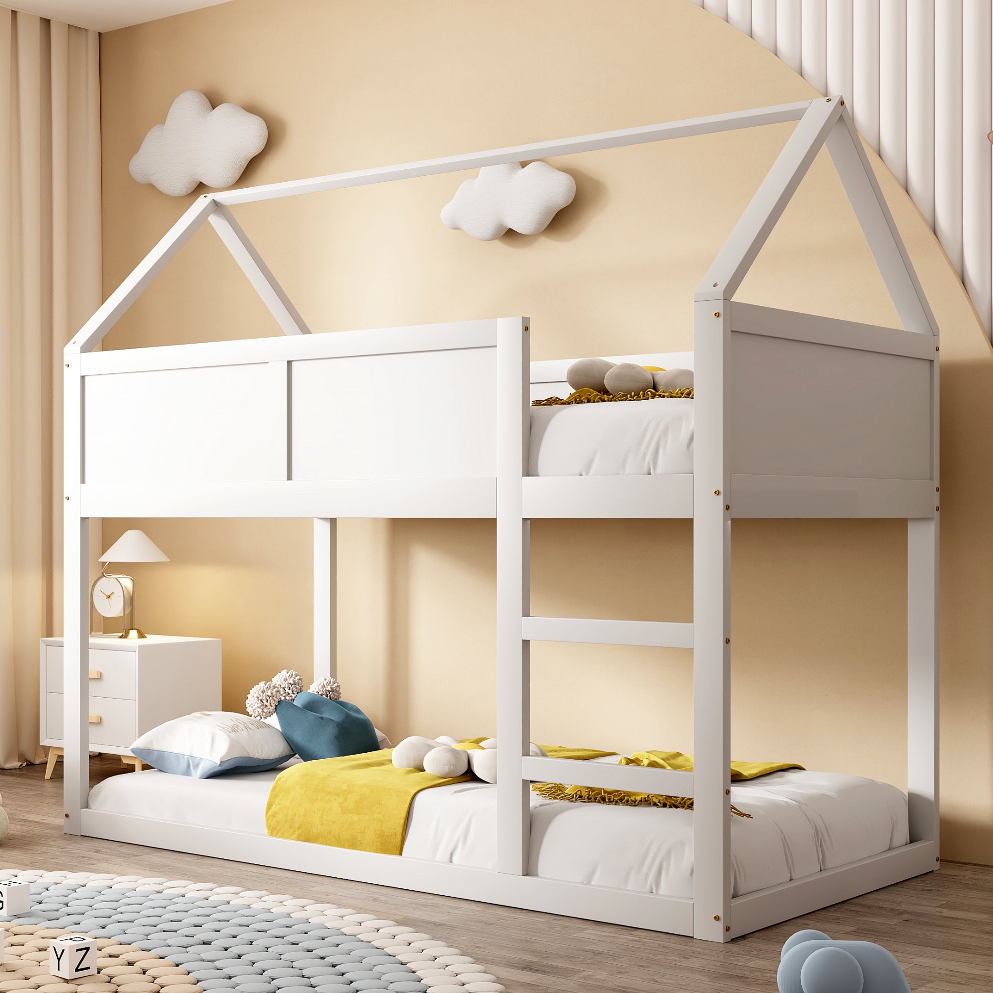 Bunk bed for children, 90x200cm Low Single Loft Bed with Stairs, White Solid Wood