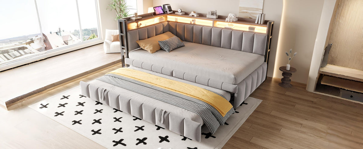Upholstered Sofa Bed 90x200cm Pull-out LED Storage USB/Type-C Light Grey Velvet