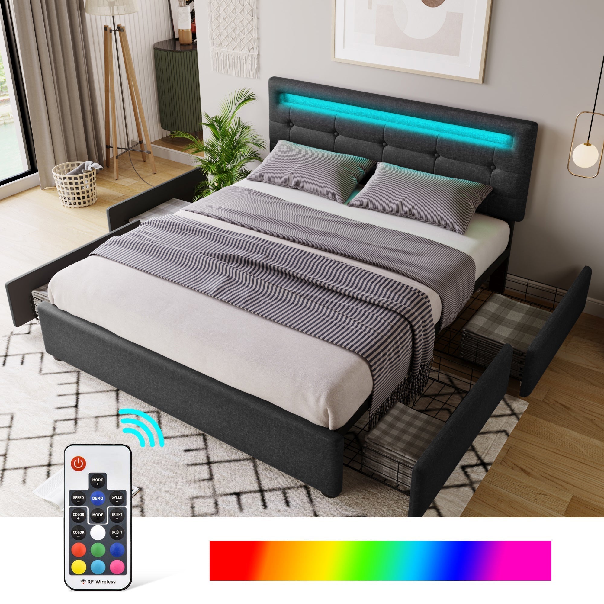 Bed Frame with LED, 4 Drawers, Adjustable Headboard, Black